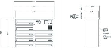 RENZ Briefkastenanlage Aufputz, Tetro, Edelstahl V4A, Kastenformat 370x110x270mm, mit Klingel - & Lichttaster und Vorbereitung Gegensprechanlage, 8-teilig